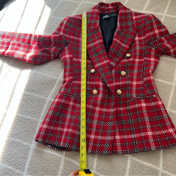 NWOT ZARA Red Plaid Tweed Double Breasted Blazer - Picture 6 of 8